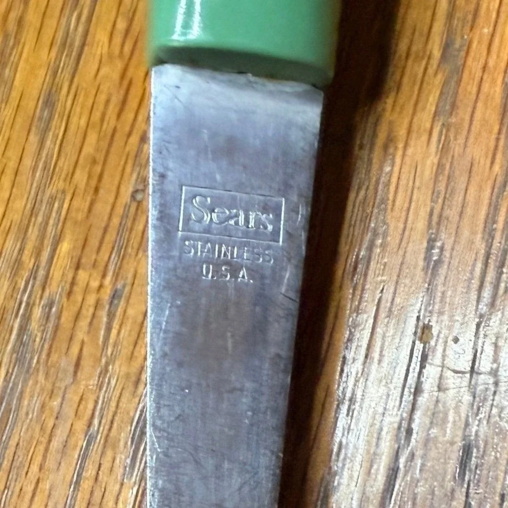Vintage Sears Stainless Steel Meat Fork Green Handle Made in USA 2 Tine 8.75in
